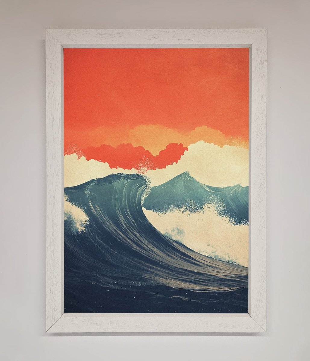Blue Waves Crash Red Sunset Framed Poster
