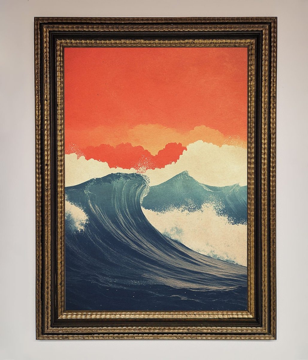 Blue Waves Crash Red Sunset Framed Poster