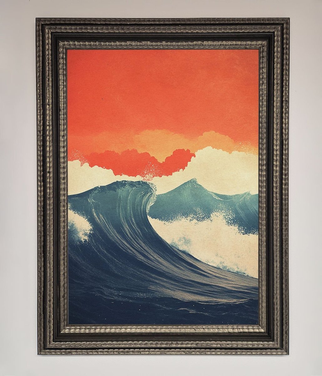 Blue Waves Crash Red Sunset Framed Poster