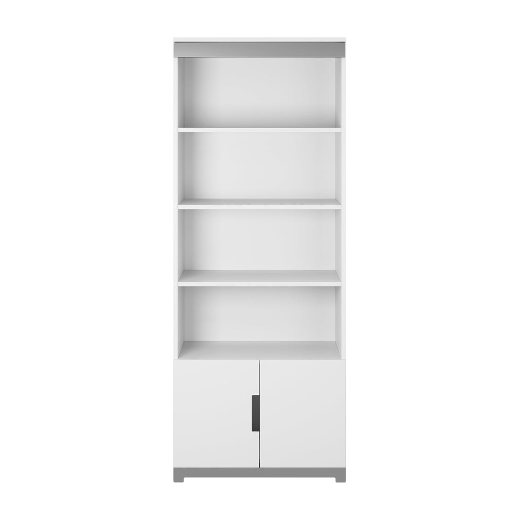 tomi kids bookshelf with door open showing soft-close hinge and ergonomic cutout