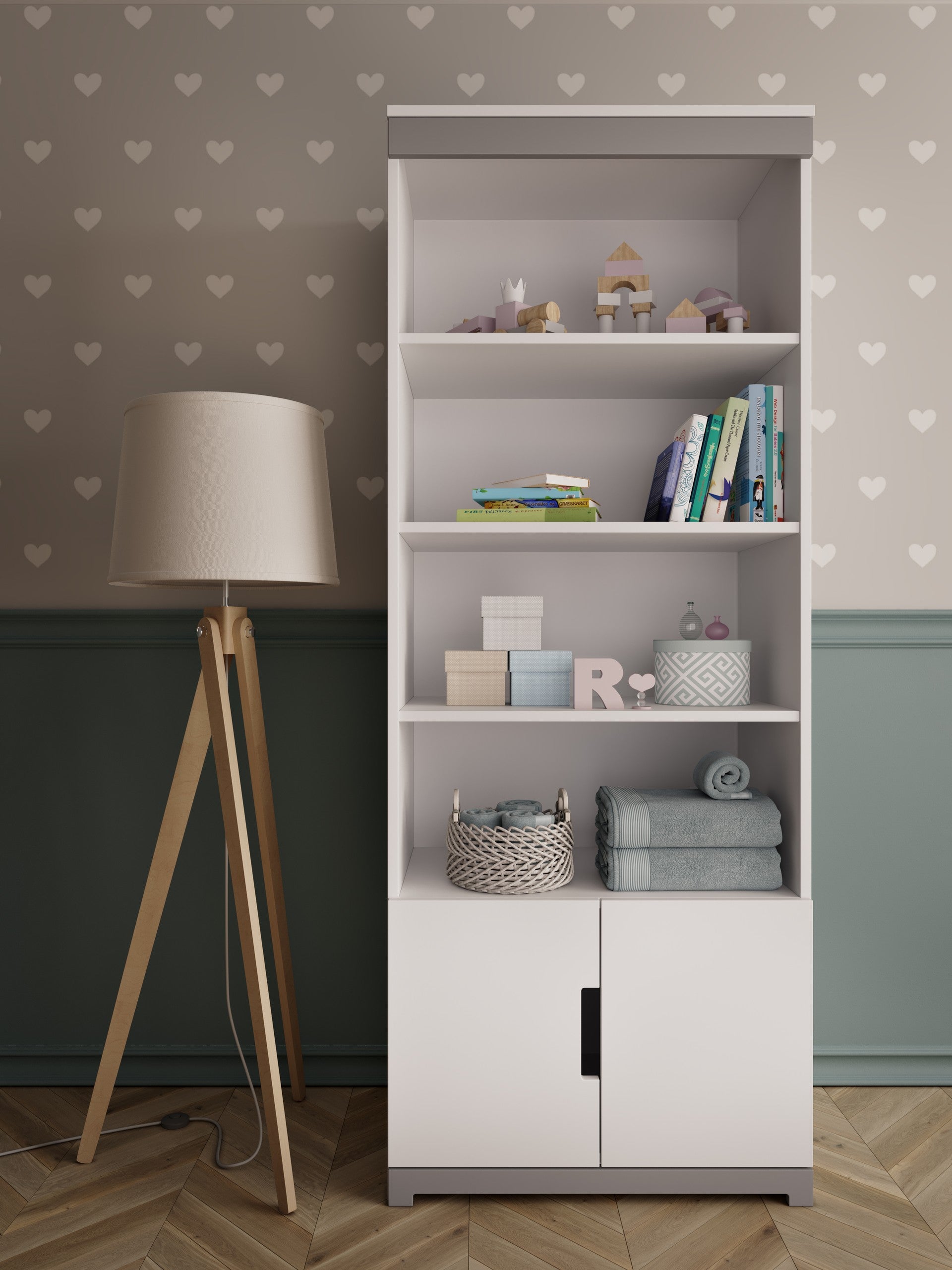 bold tomi kids bookshelf standing tall with open and closed storage in a sunlit room