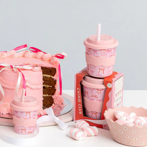 Pink Bow Chino Cup 8oz with Silicone Straw