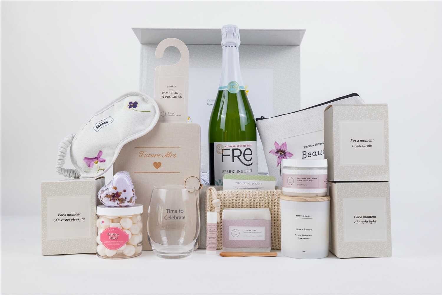 bold front view of the ultimate bride-to-be gift set with 14 luxurious pampering essentials