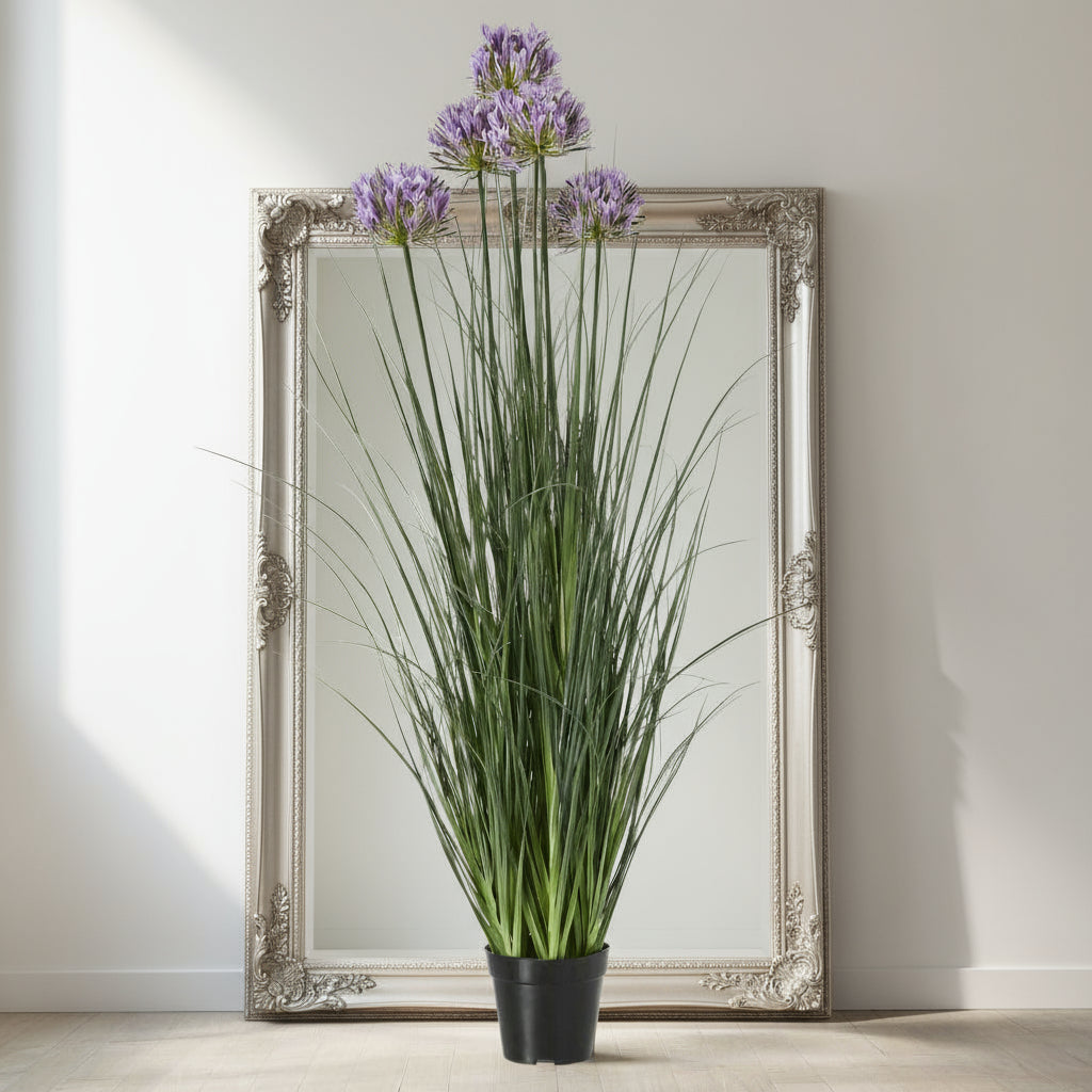 Lifelike purple agapanthus faux plant in pot with green foliage, 120cm tall, perfect for home or office decor.by sostter at brixbailey.com