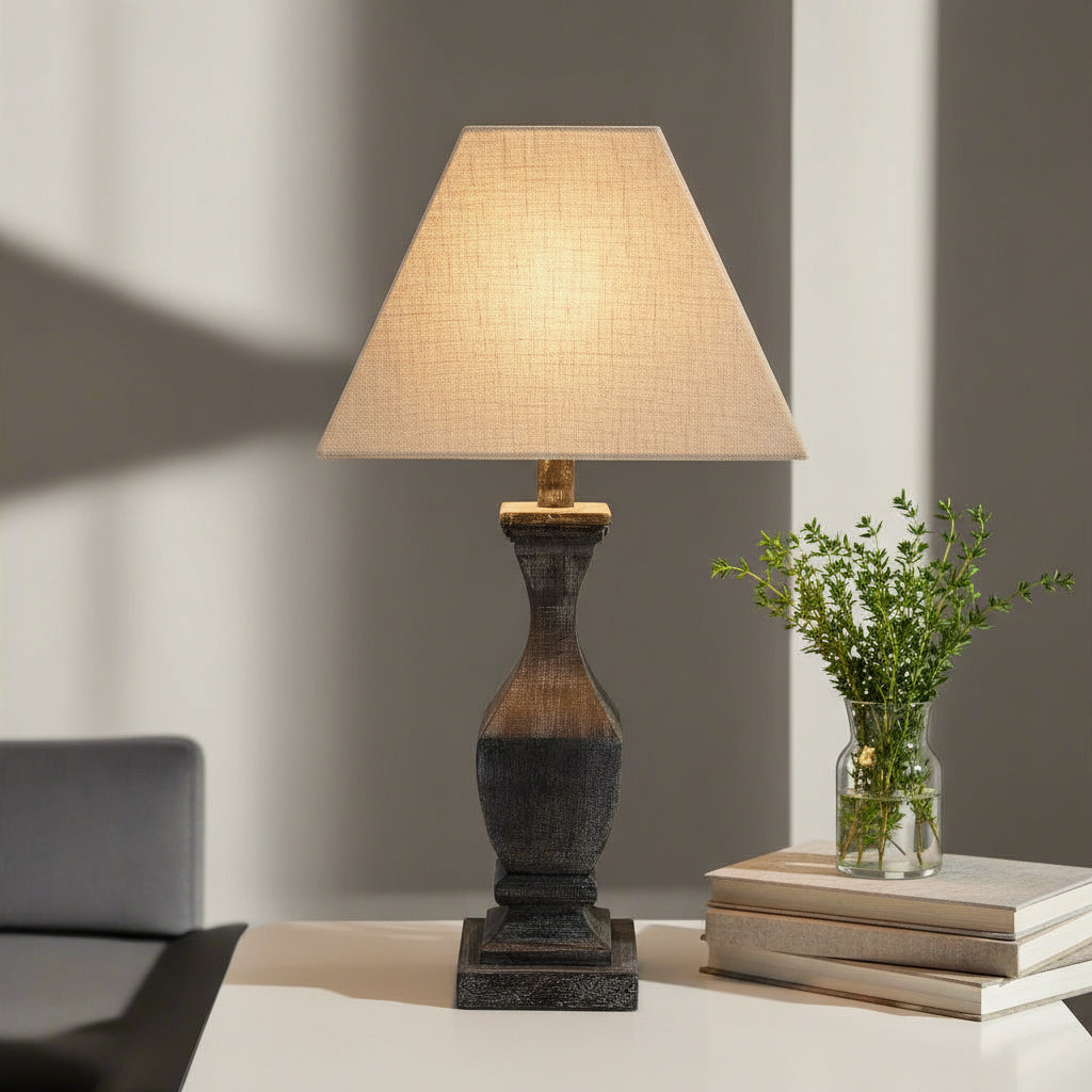 Handcrafted Incia table lamp with grey-washed wood base and natural linen shade for modern or rustic decor. by sostter at brixbailey.com