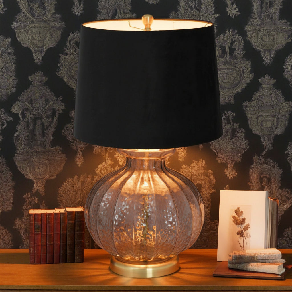 Luxton table lamp with hand-carved fluted glass base and black velvet shade, elegant modern lighting for home decor by sostter at brixbailey.com