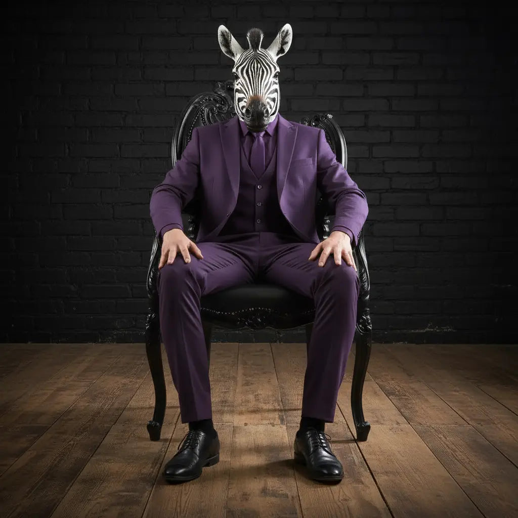 Person wearing a zebra head mask and purple suit sitting on a chair against a black brick wall. on sostter.pro