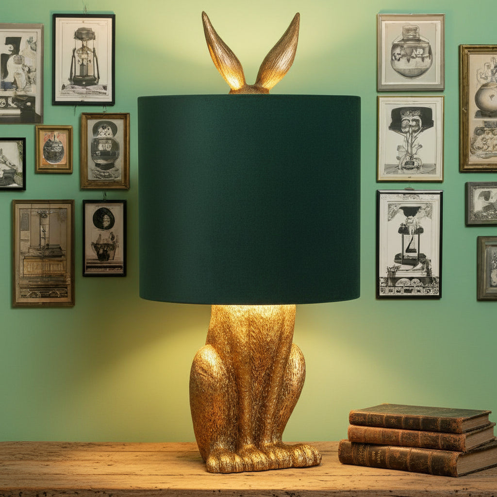 Antique gold hare table lamp with green velvet shade, handcrafted resin sculpture, elegant home decor lighting  by sostter at brixbailey.com