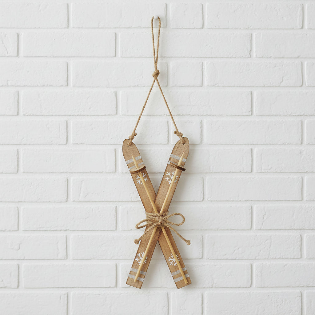 bold rustic wooden skis wall art in dramatic low-angle lighting brix and bailey marketplace