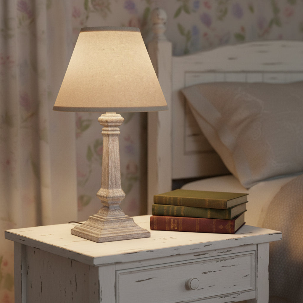 Distressed wood column table lamp with linen shade in elegant grey, perfect for farmhouse or modern decor.  by sostter at brixbailey.com