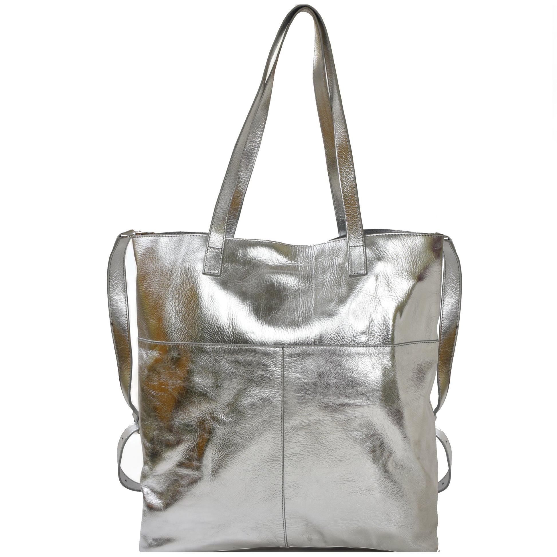 Silver Metallic Leather Tote Bag with Crossbody Strap