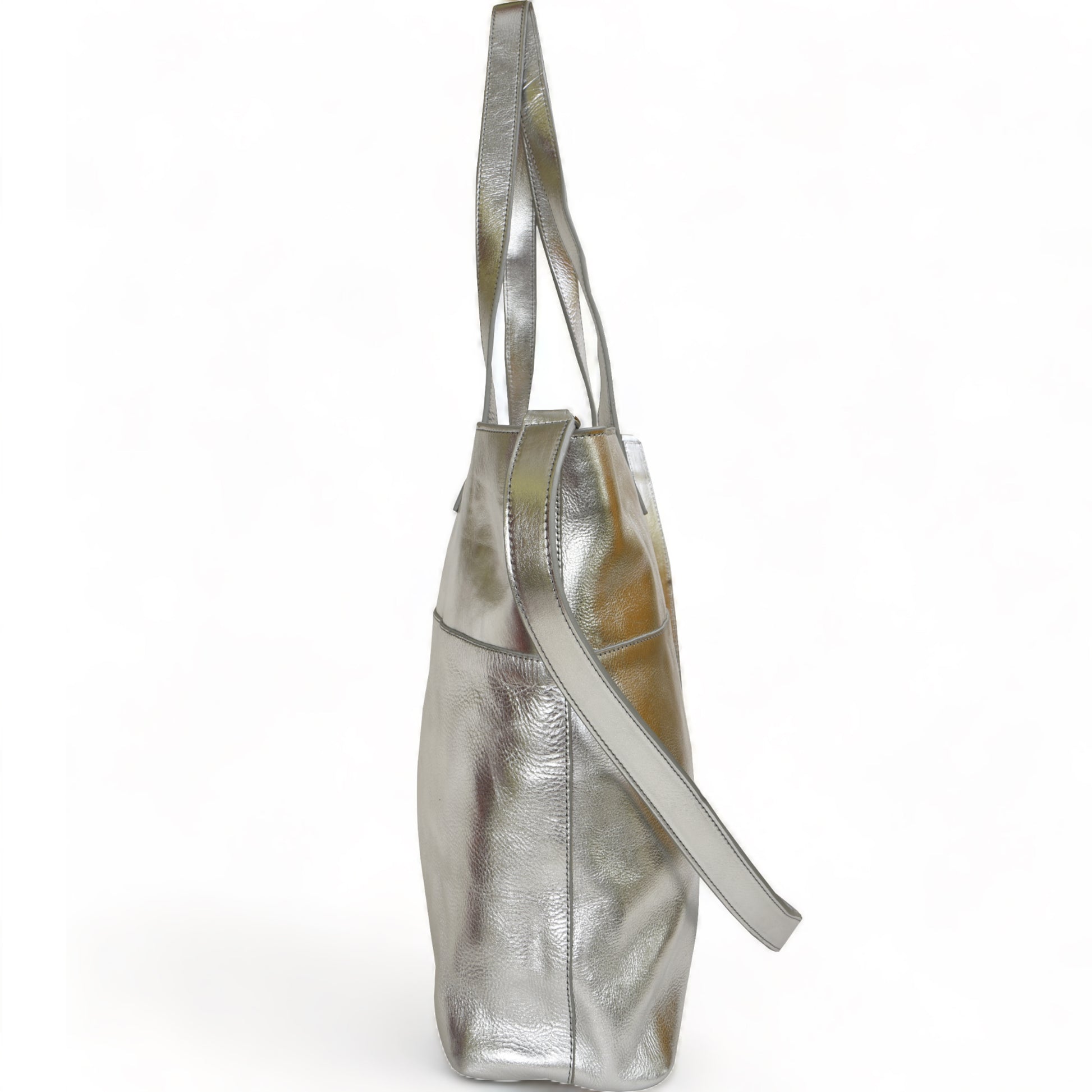 Silver Metallic Leather Tote Bag with Crossbody Strap