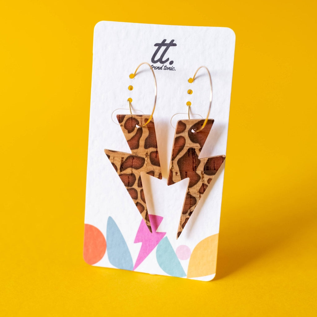 Brown Cow Print Cork Lightning Bolt Earrings