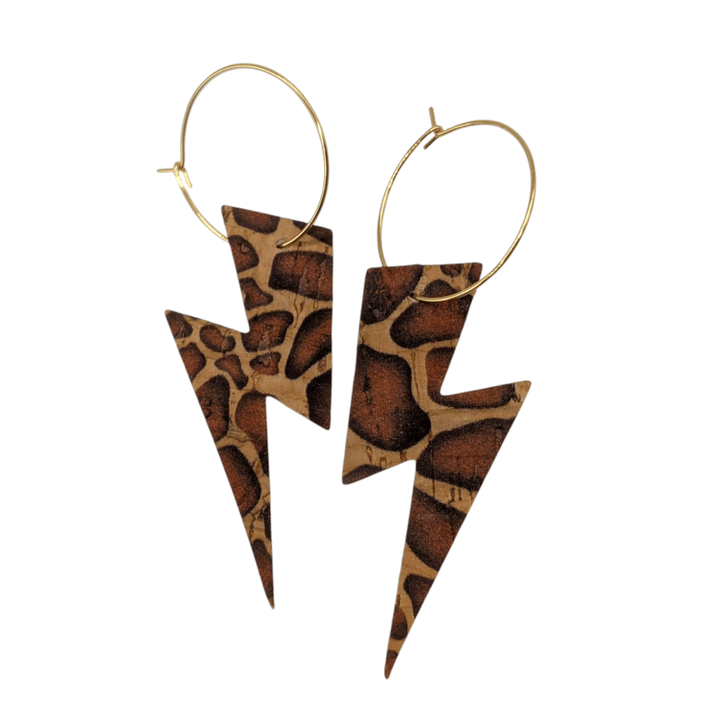 Brown Cow Print Cork Lightning Bolt Earrings