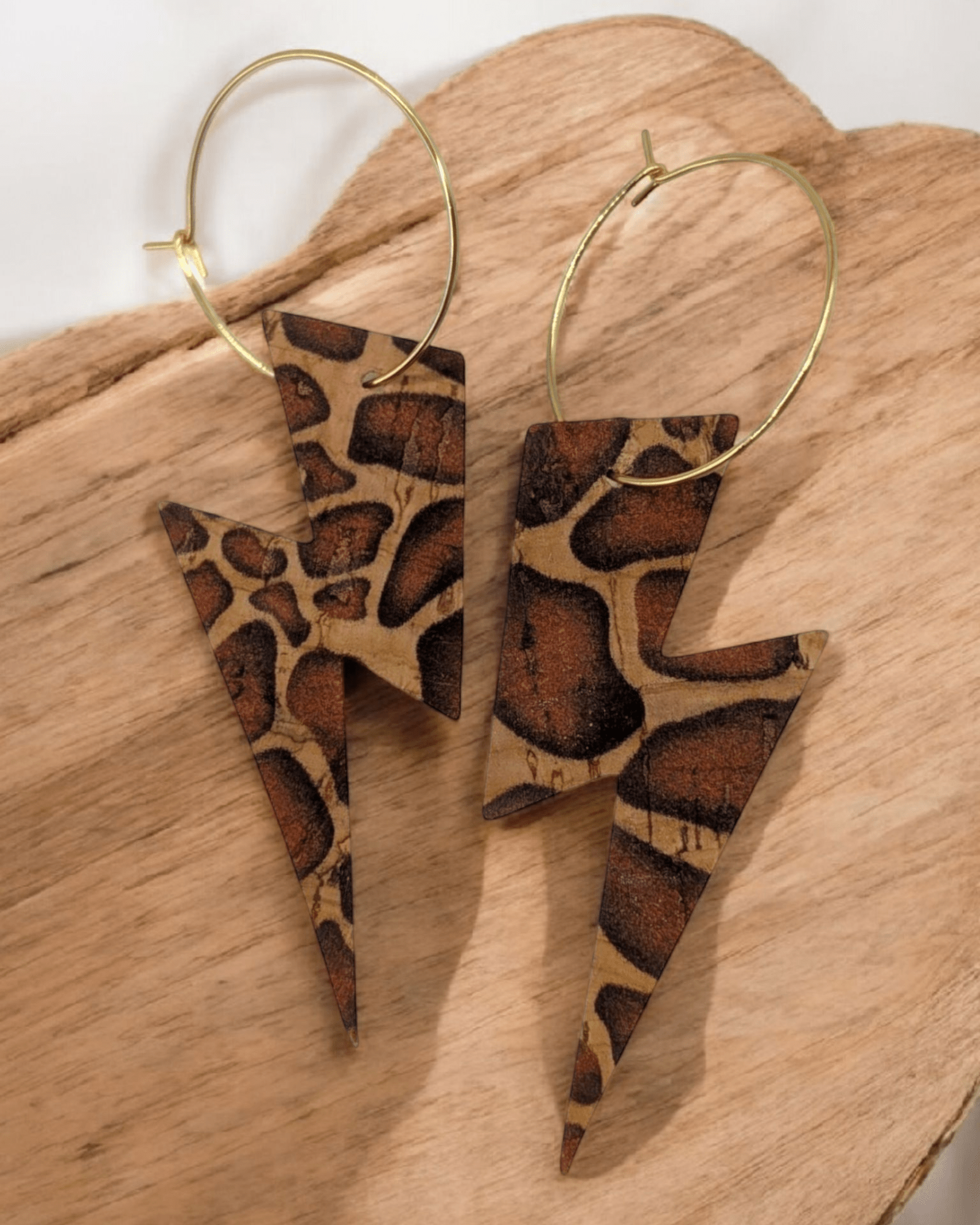 Brown Cow Print Cork Lightning Bolt Earrings