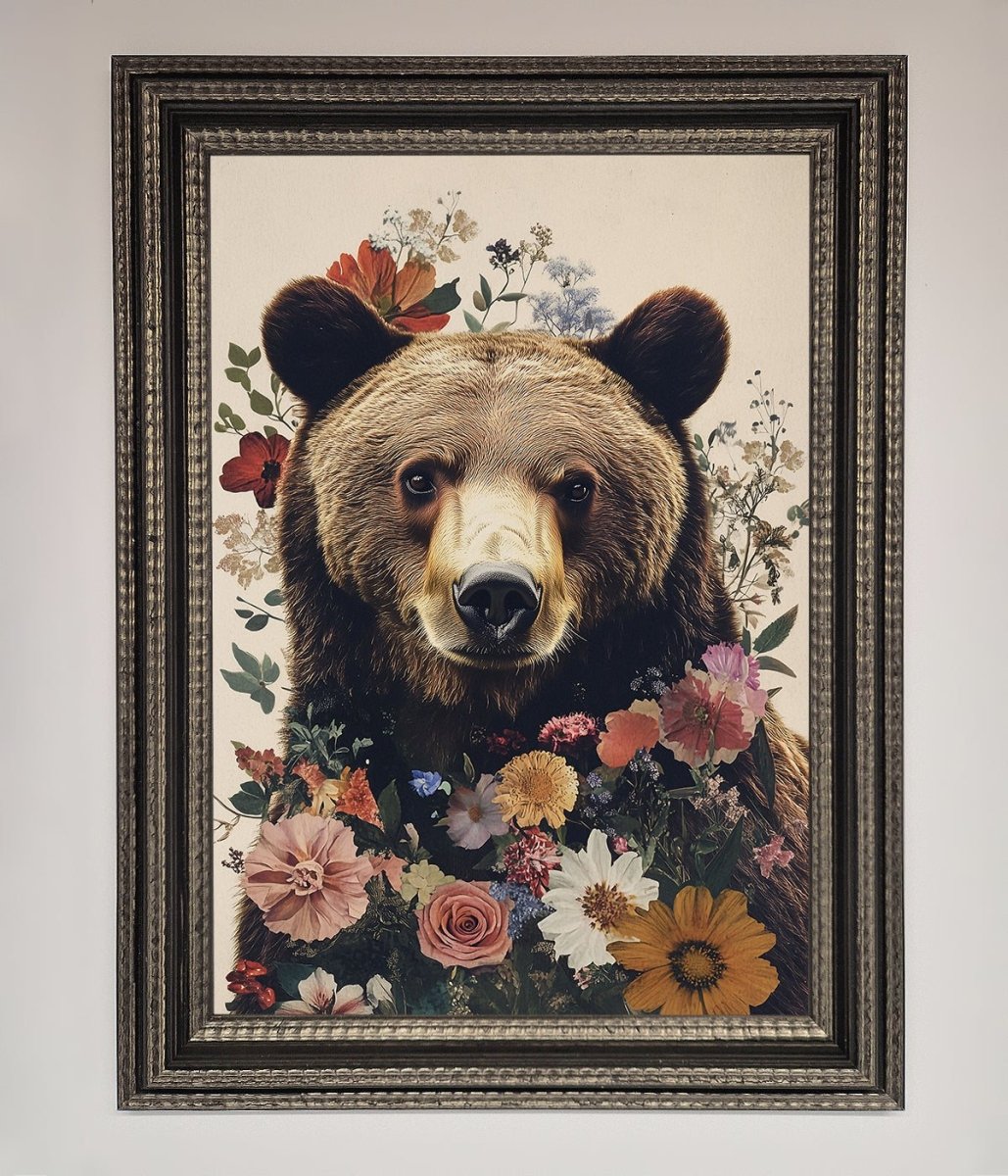 Brown Grizzly Bear Floral Framed Print