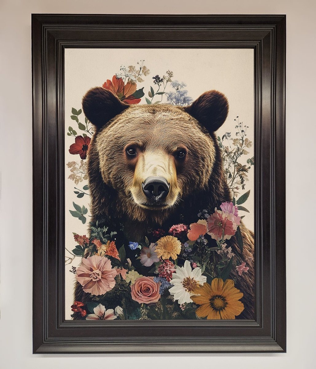 Brown Grizzly Bear Floral Framed Print