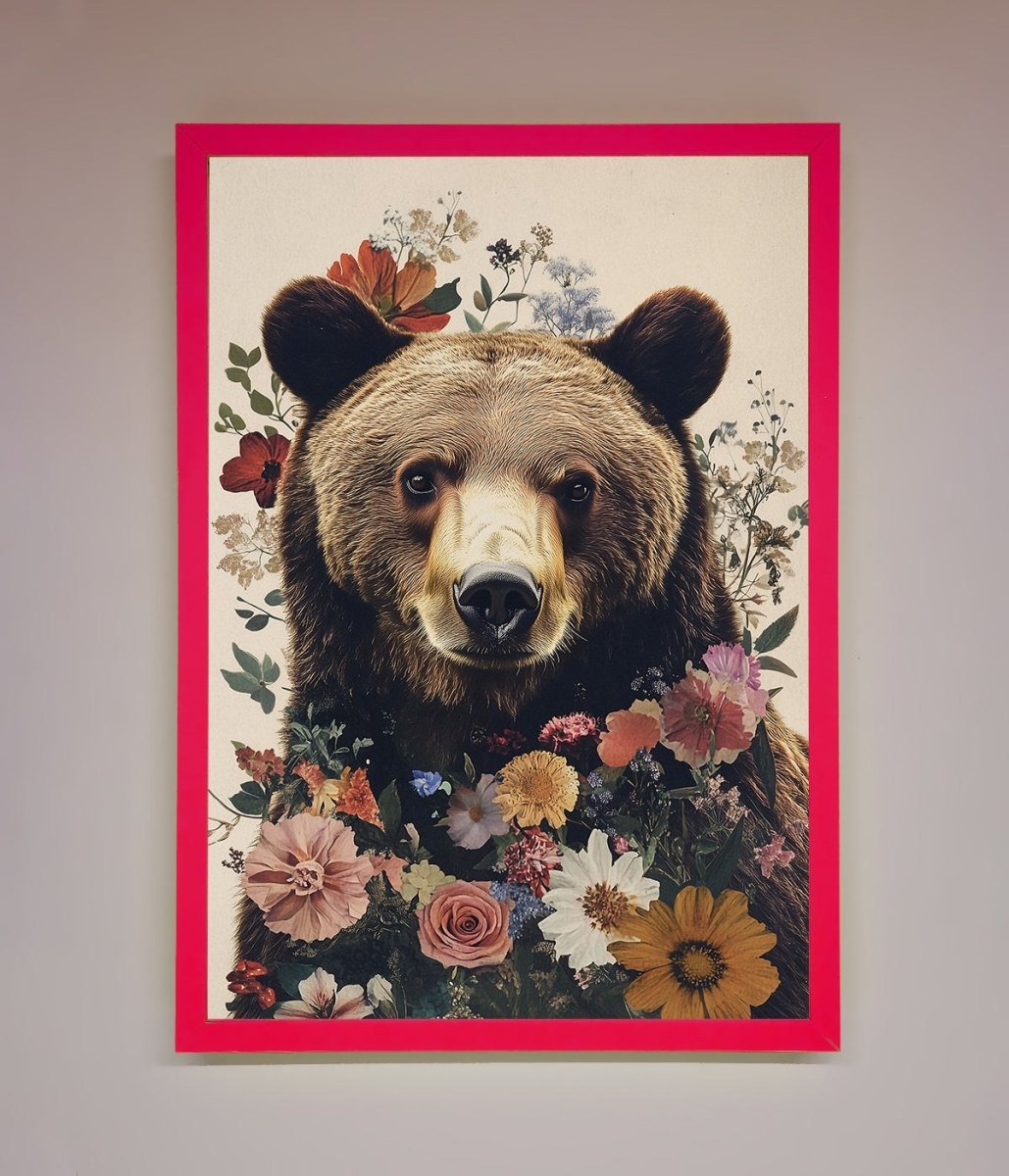 Brown Grizzly Bear Floral Framed Print