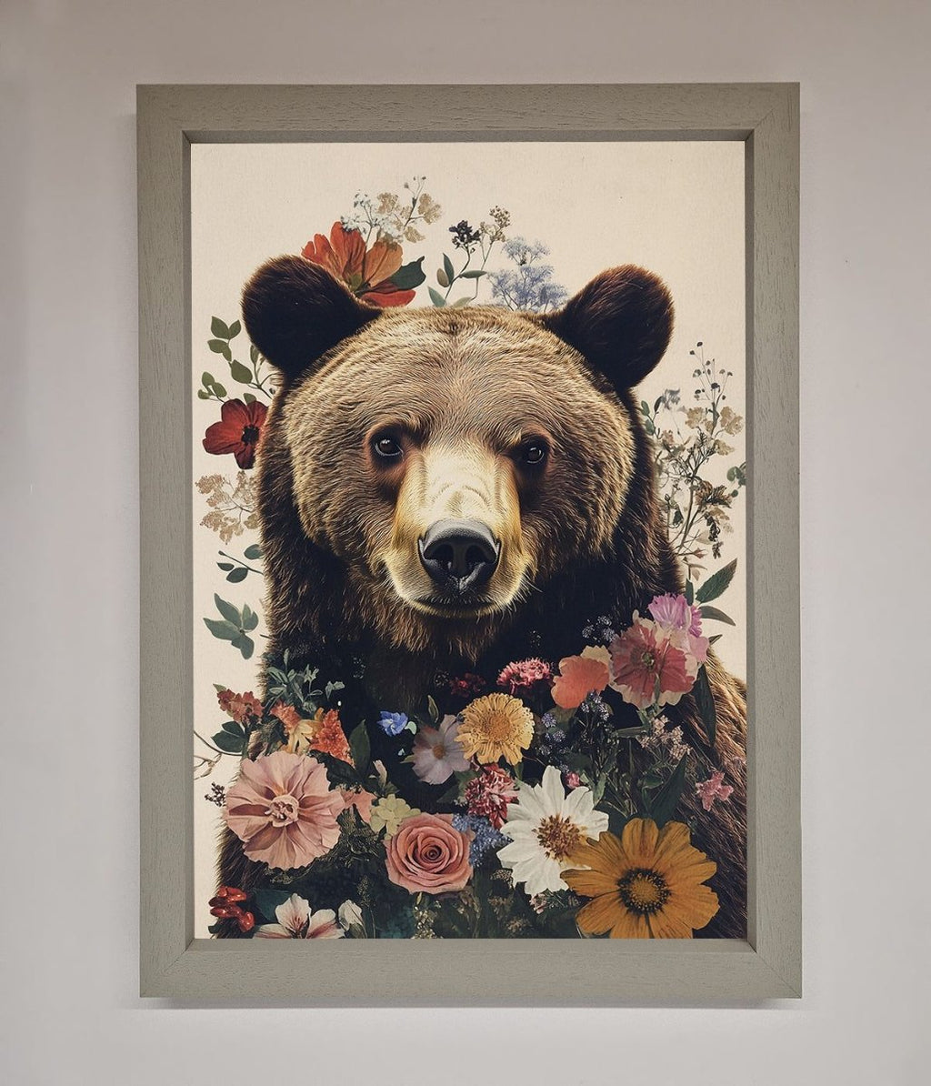 Brown Grizzly Bear Floral Framed Print