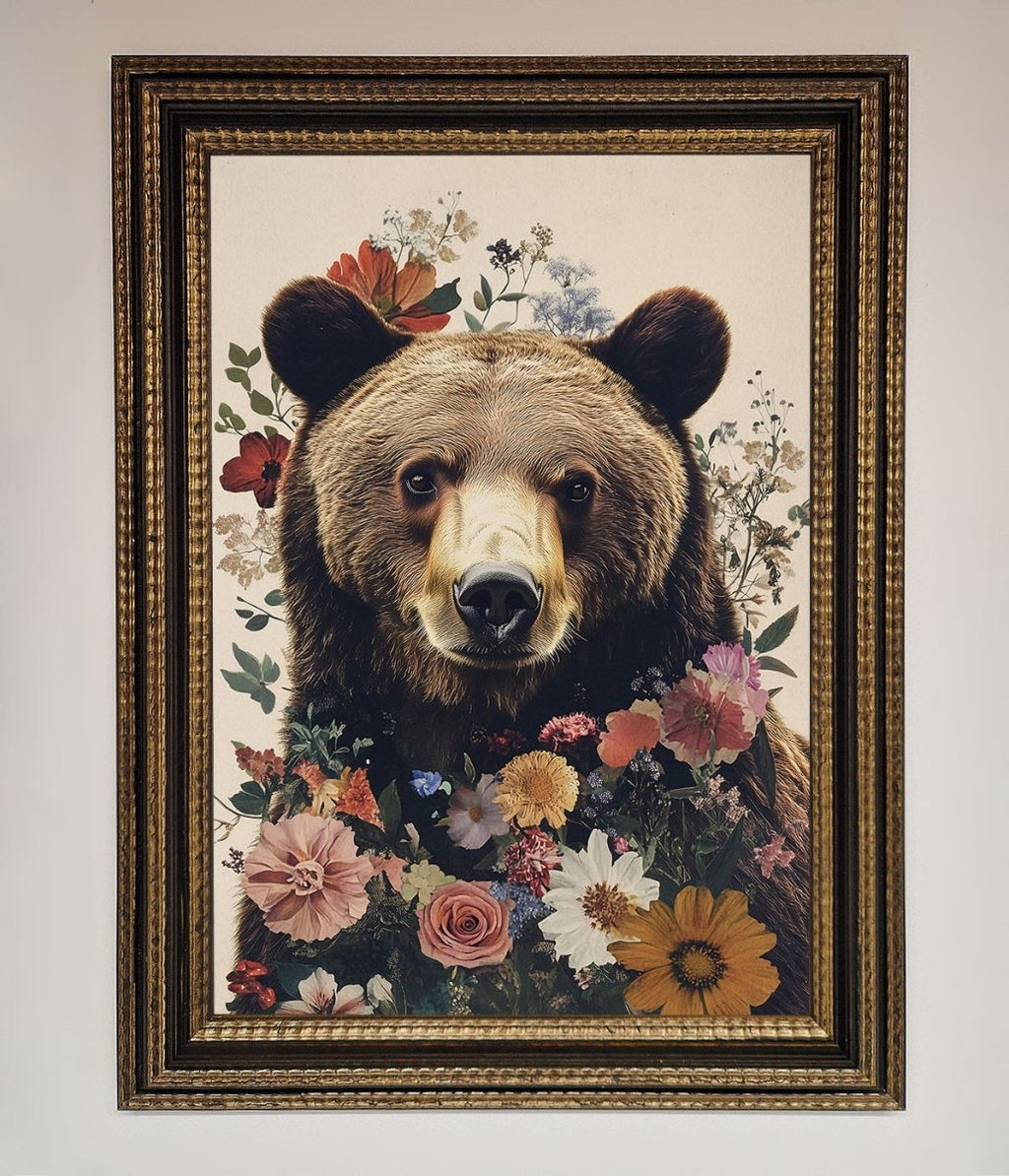 Brown Grizzly Bear Floral Framed Print