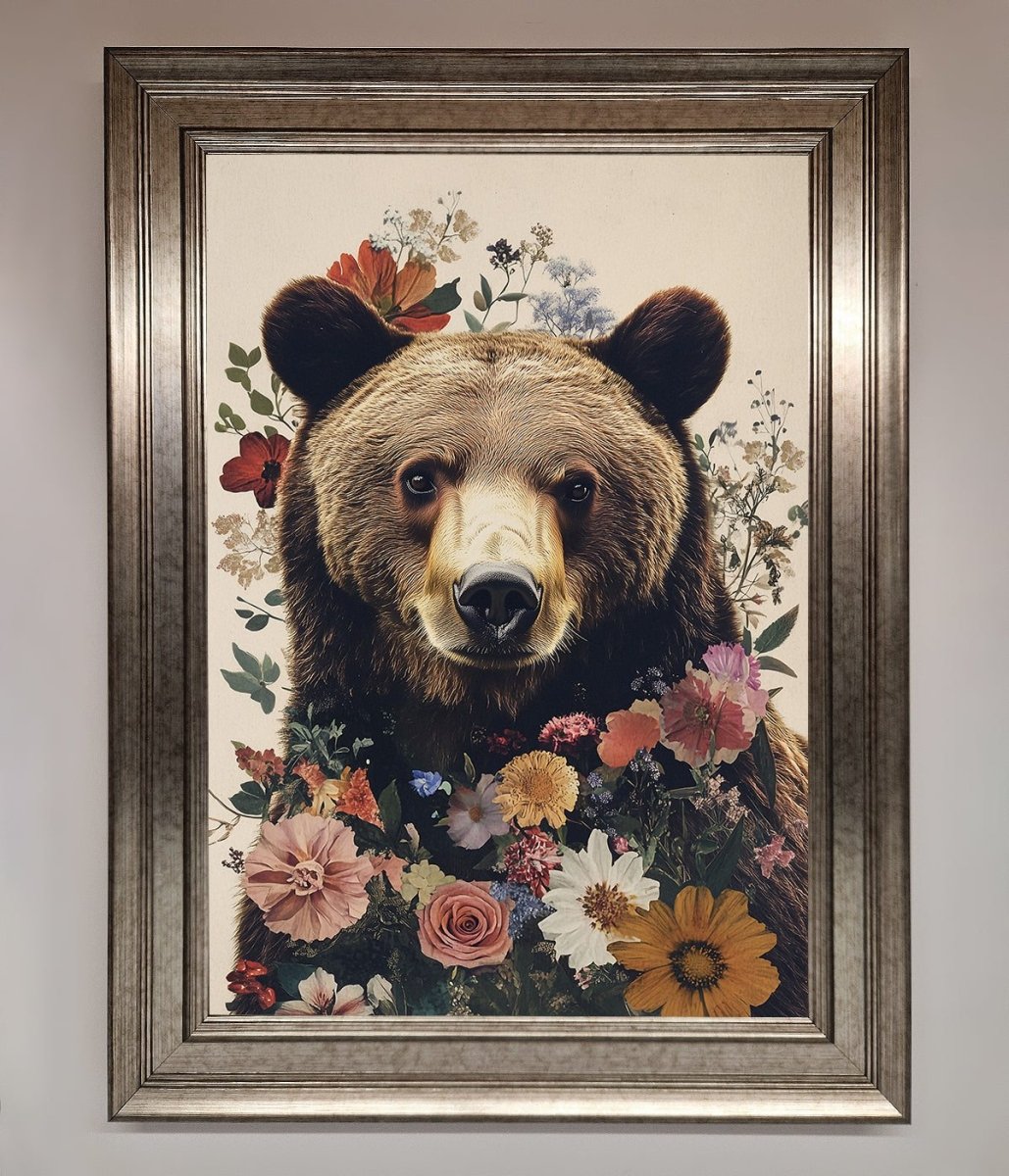 Brown Grizzly Bear Floral Framed Print