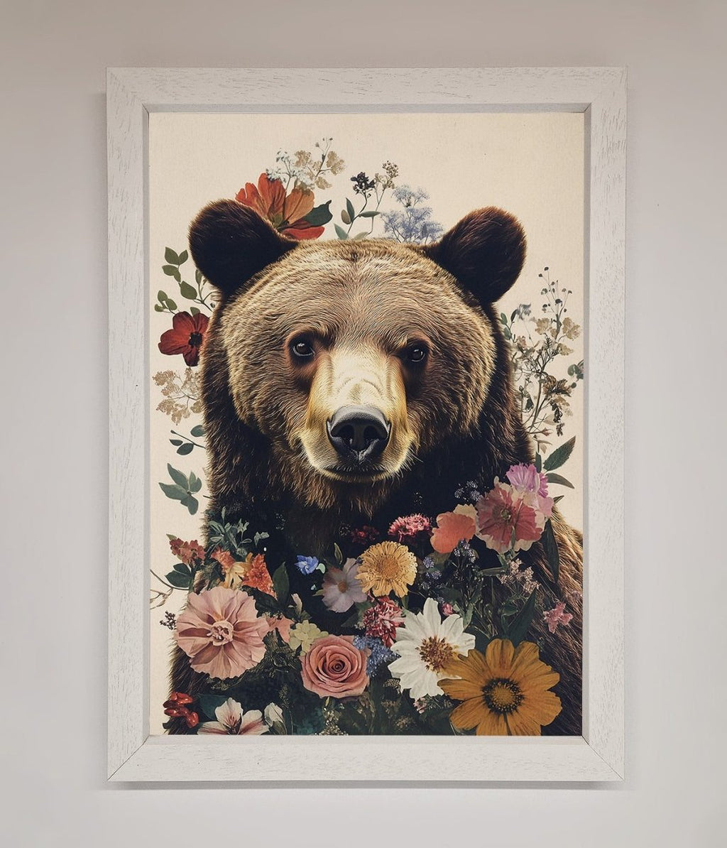 Brown Grizzly Bear Floral Framed Print