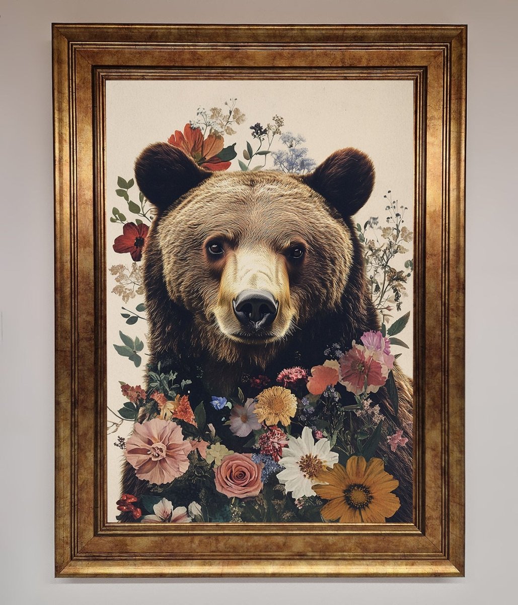 Brown Grizzly Bear Floral Framed Print