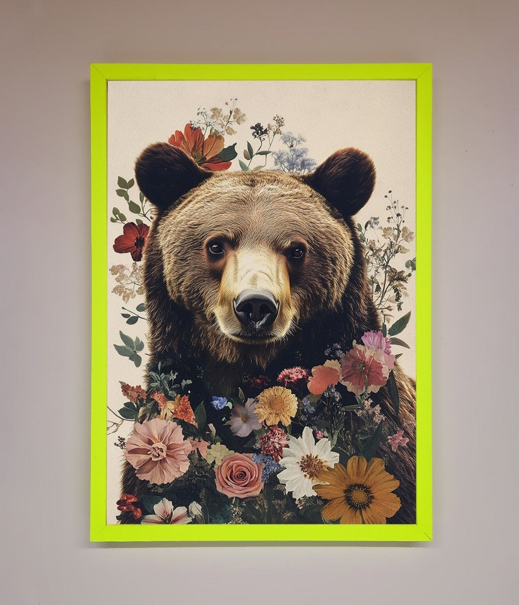 Brown Grizzly Bear Floral Framed Print