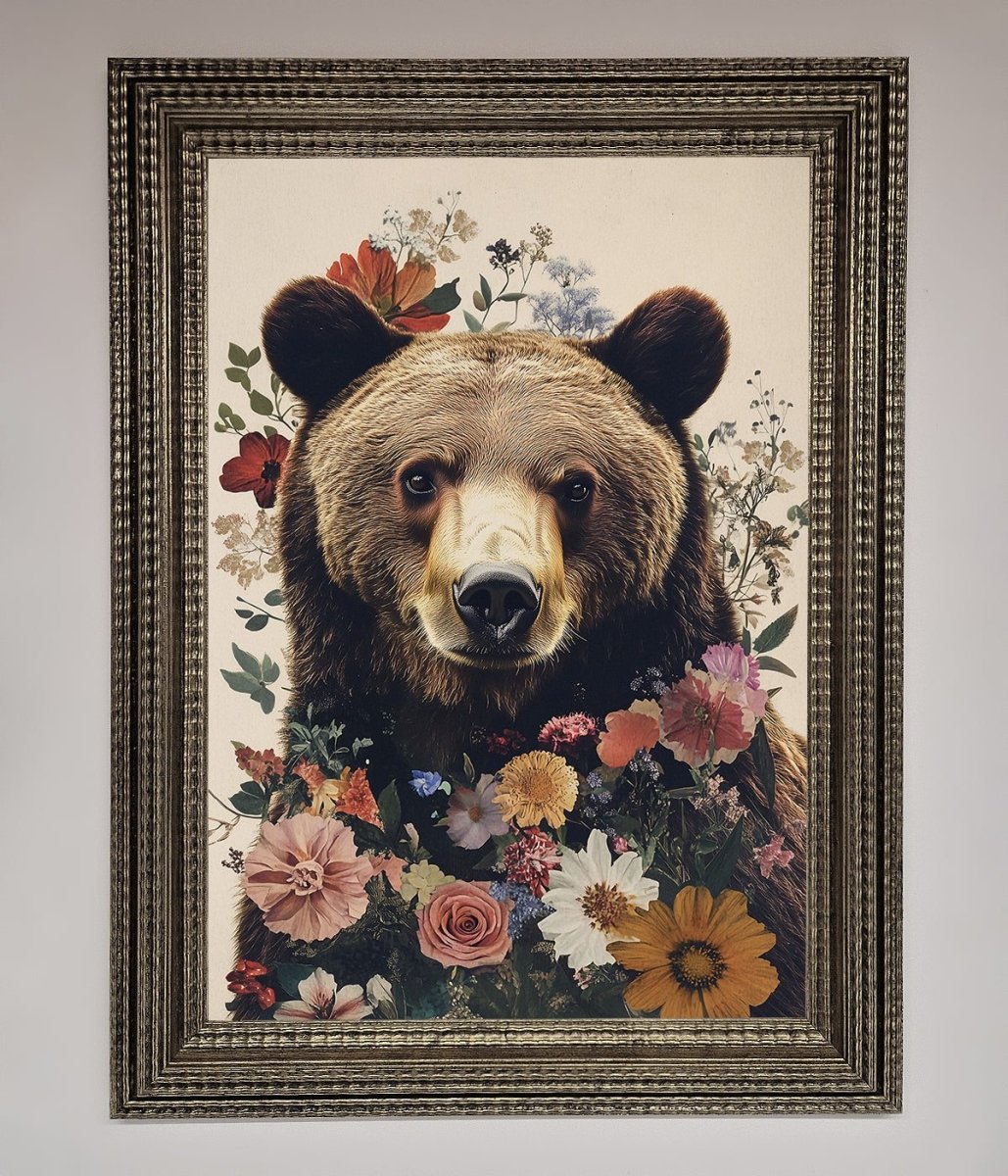 Brown Grizzly Bear Floral Framed Print