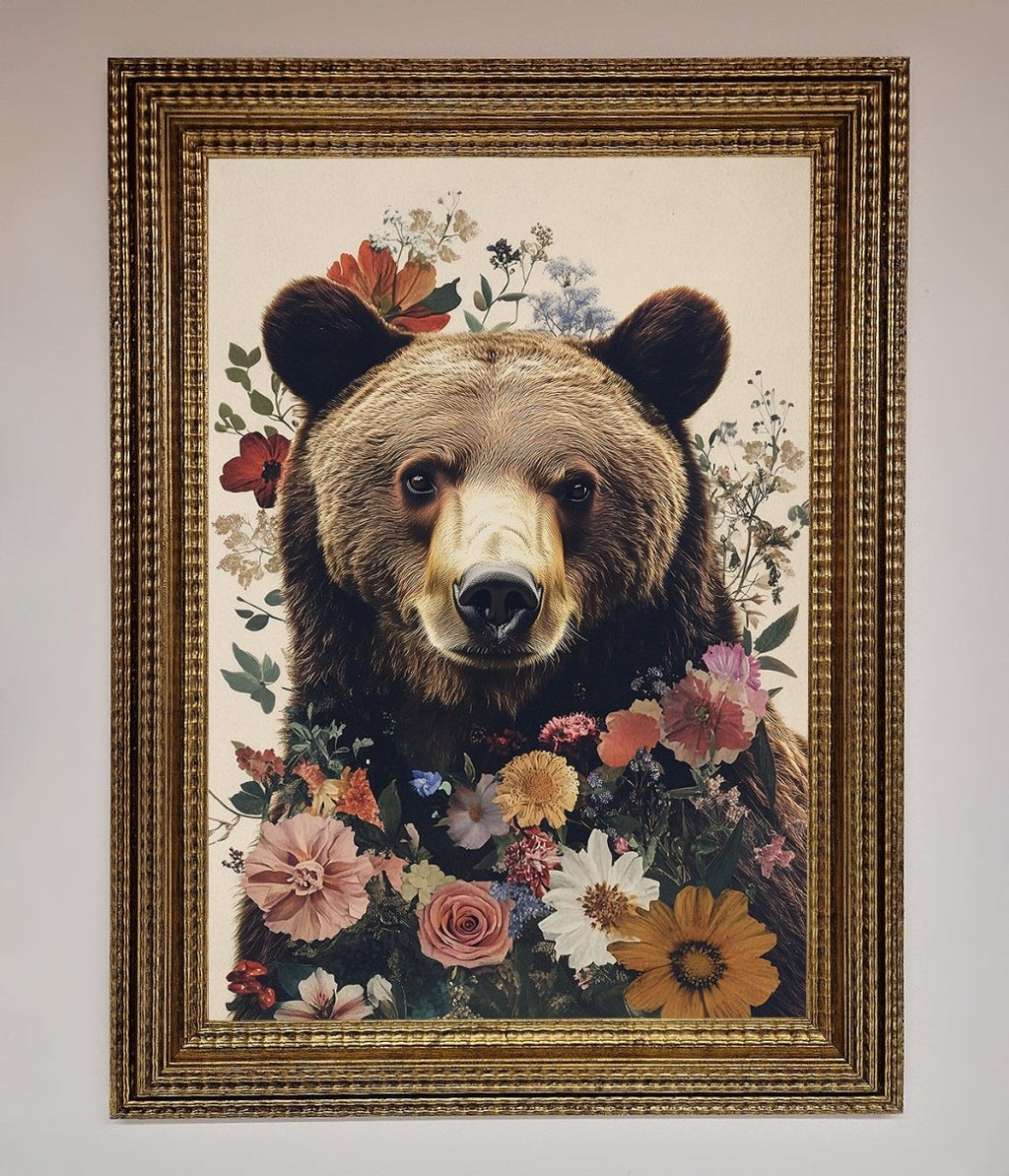 Brown Grizzly Bear Floral Framed Print