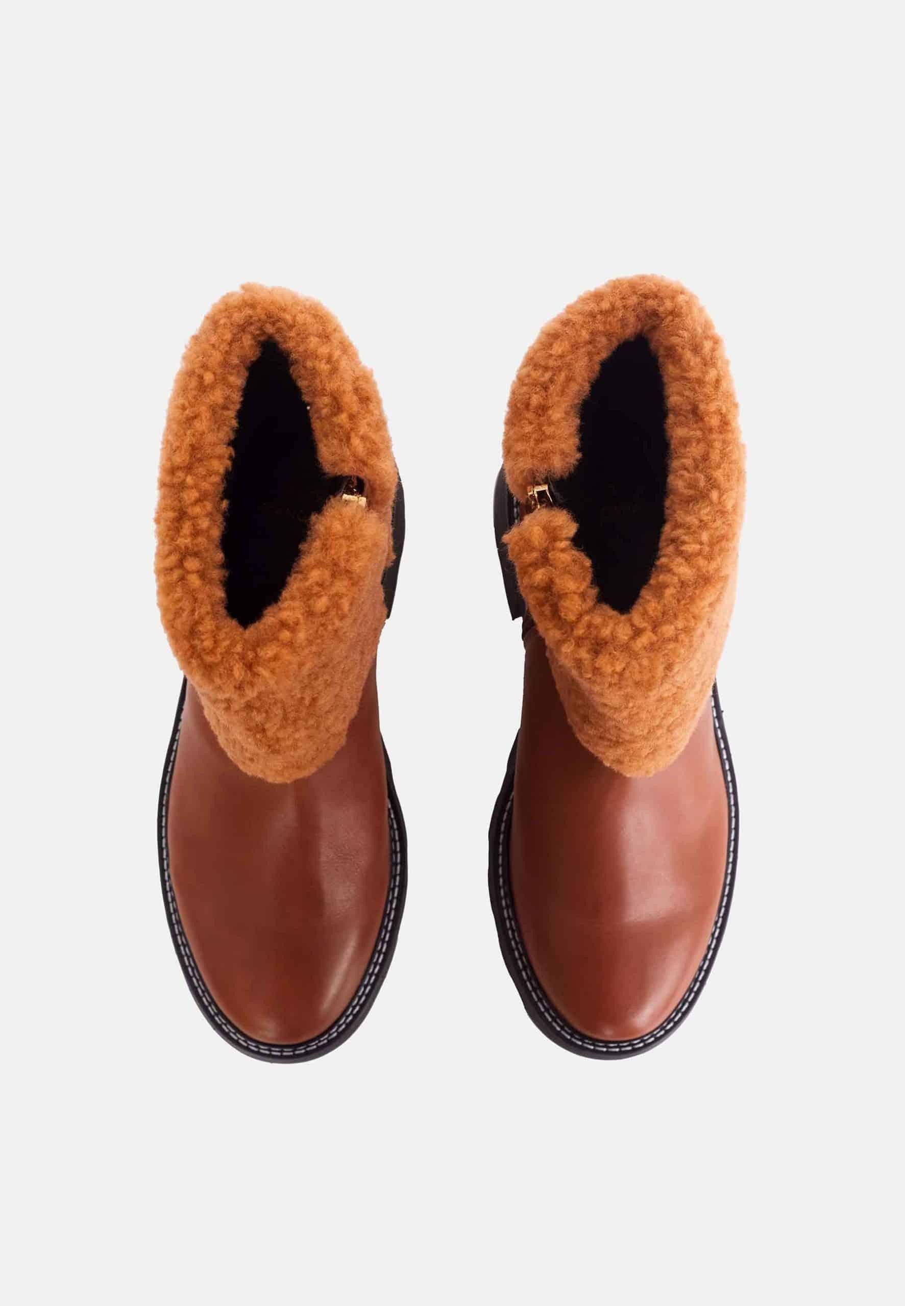 Brown Leather Ankle Boots Andira – Women’s Block Heel Boots with Decorative Shearling and Lug Sole