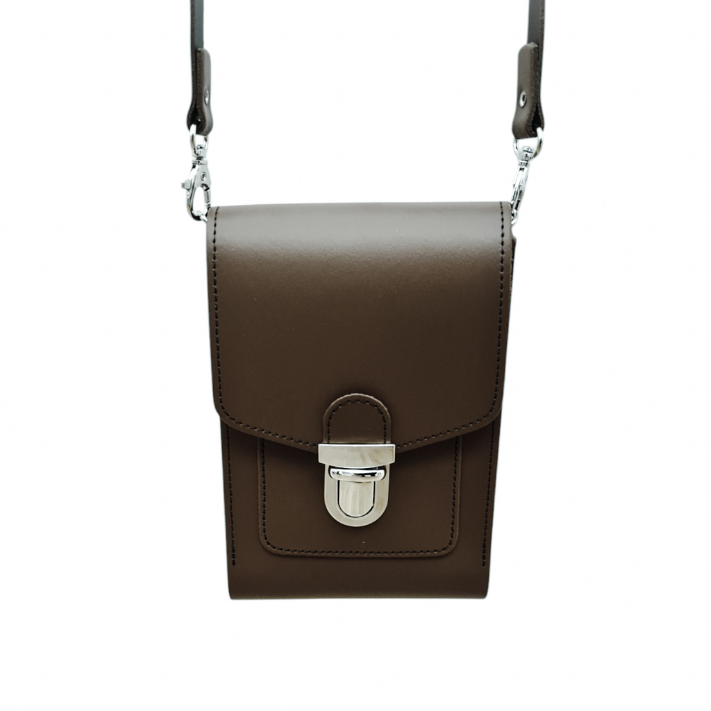 Dark Brown Leather Crossbody Phone Case with Push Lock