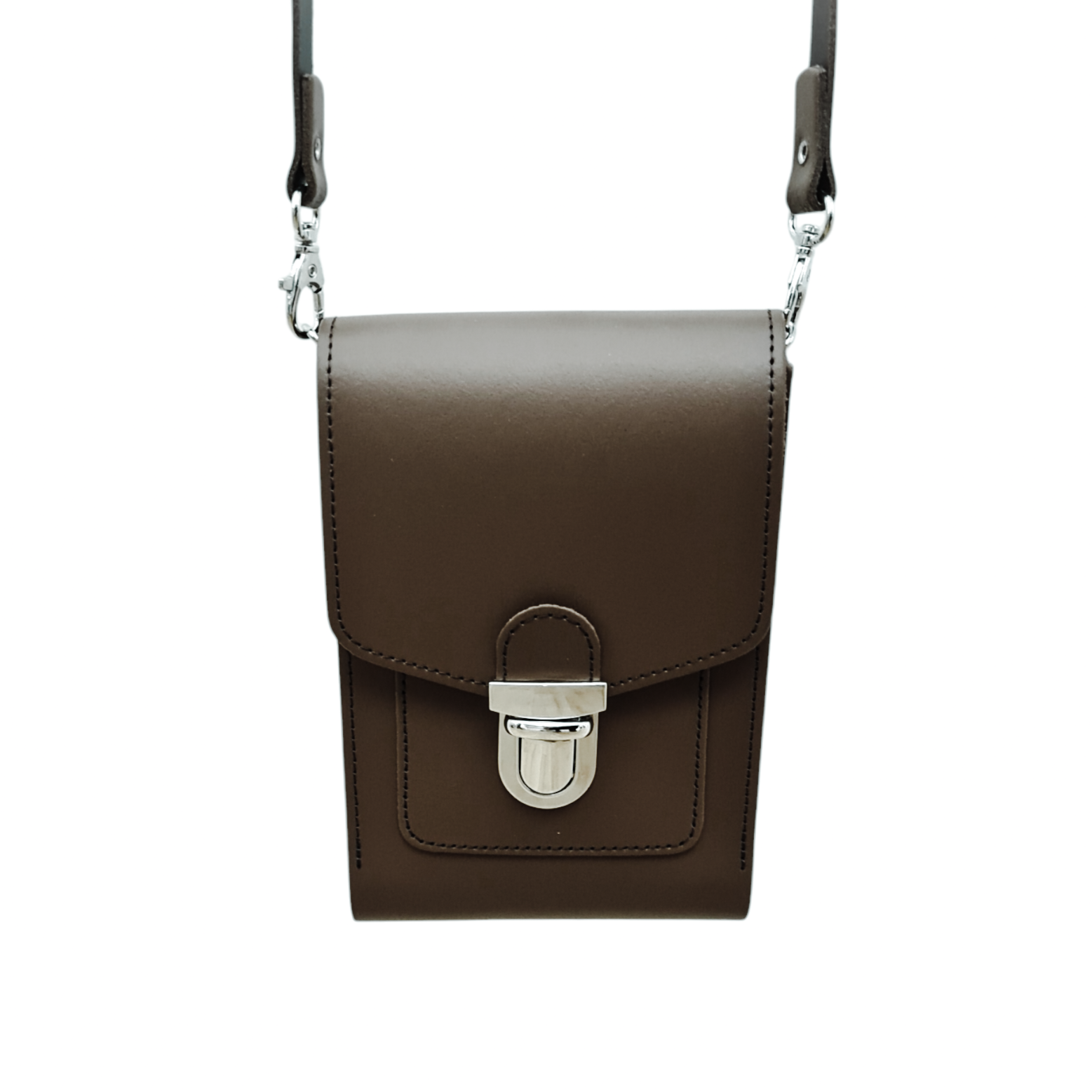 Dark Brown Leather Crossbody Phone Case with Push Lock