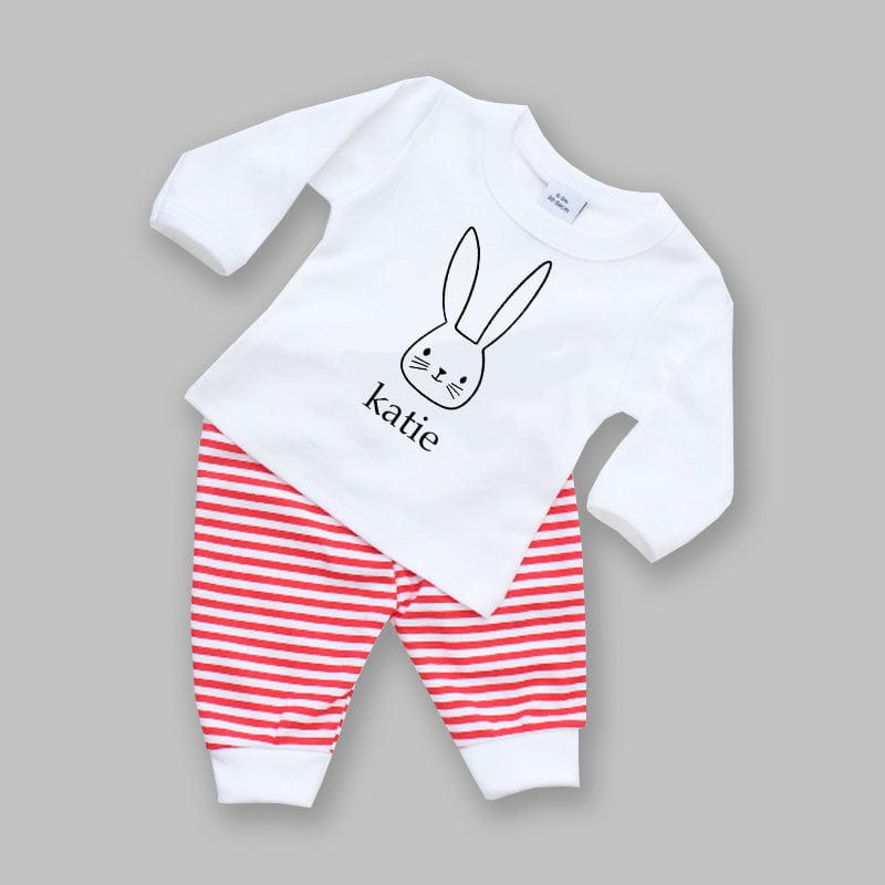 Personalised Bunny Face Red and White Stripe Baby Outfit 0-3 Months