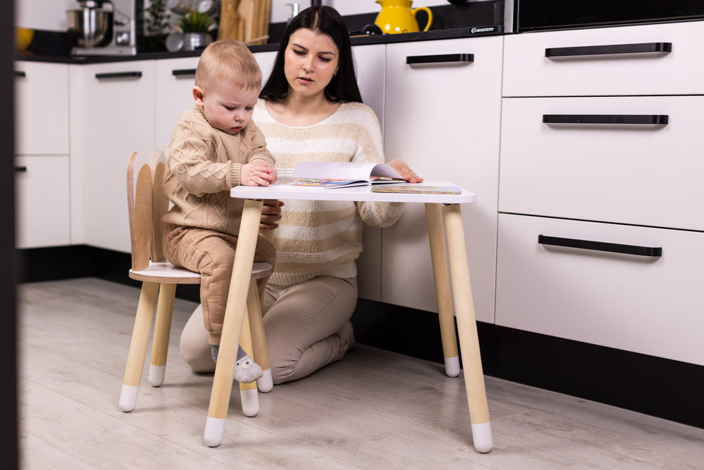 a soft-lit side view of the birch plywood bunny chair, highlighting its gentle curves and cozy comfort for a child's quiet reading nook
