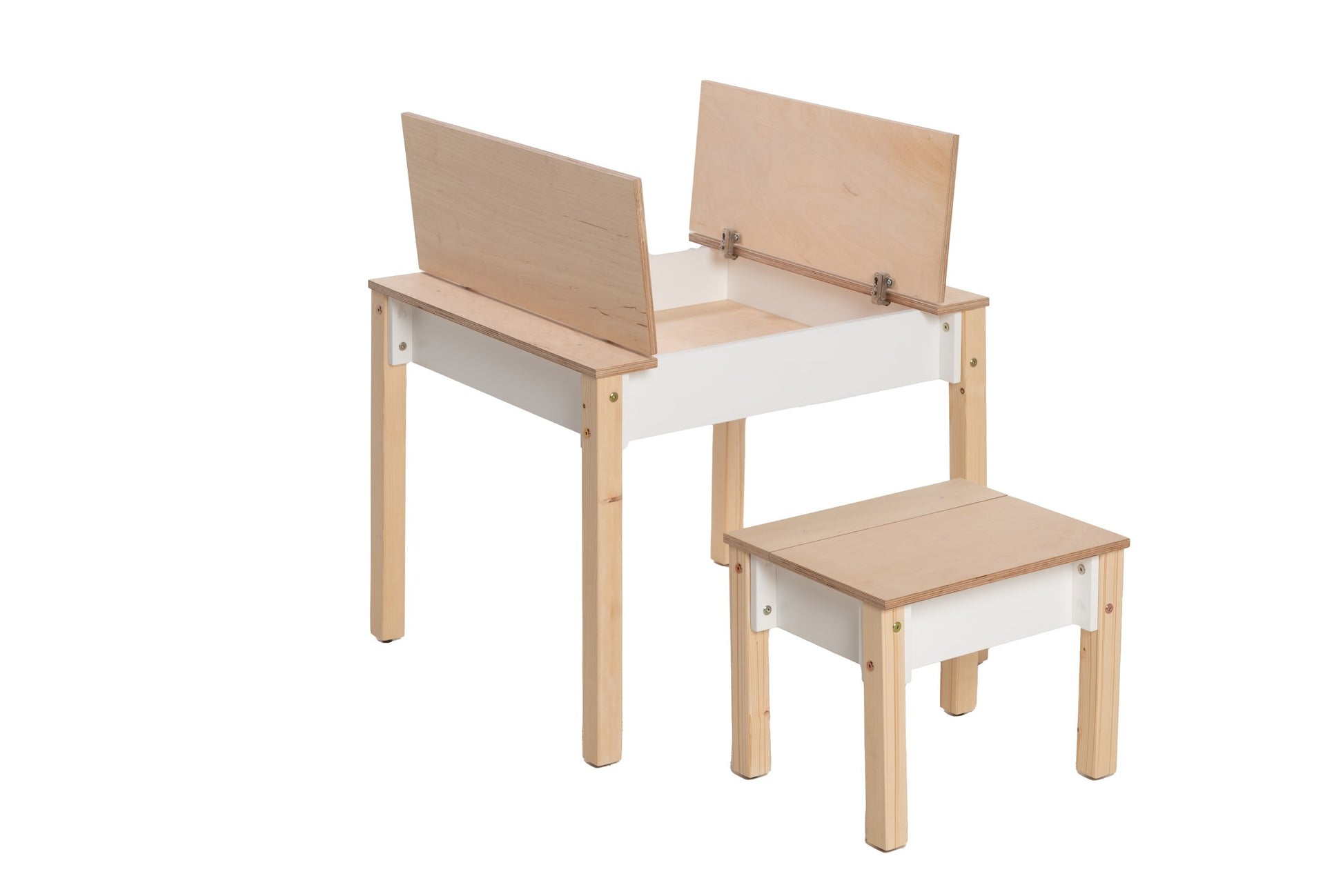 a playful birch wood kids table and chair set with storage in a bright, sunlit playroom