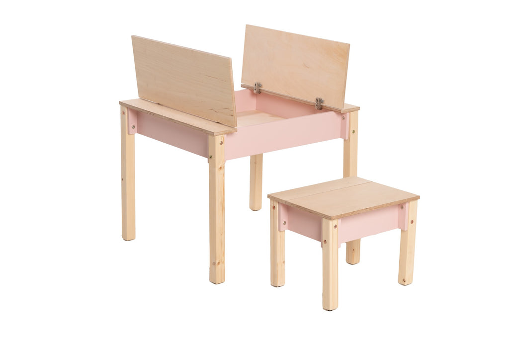 a functional kids table and chair set with storage in a bright, organized playroom