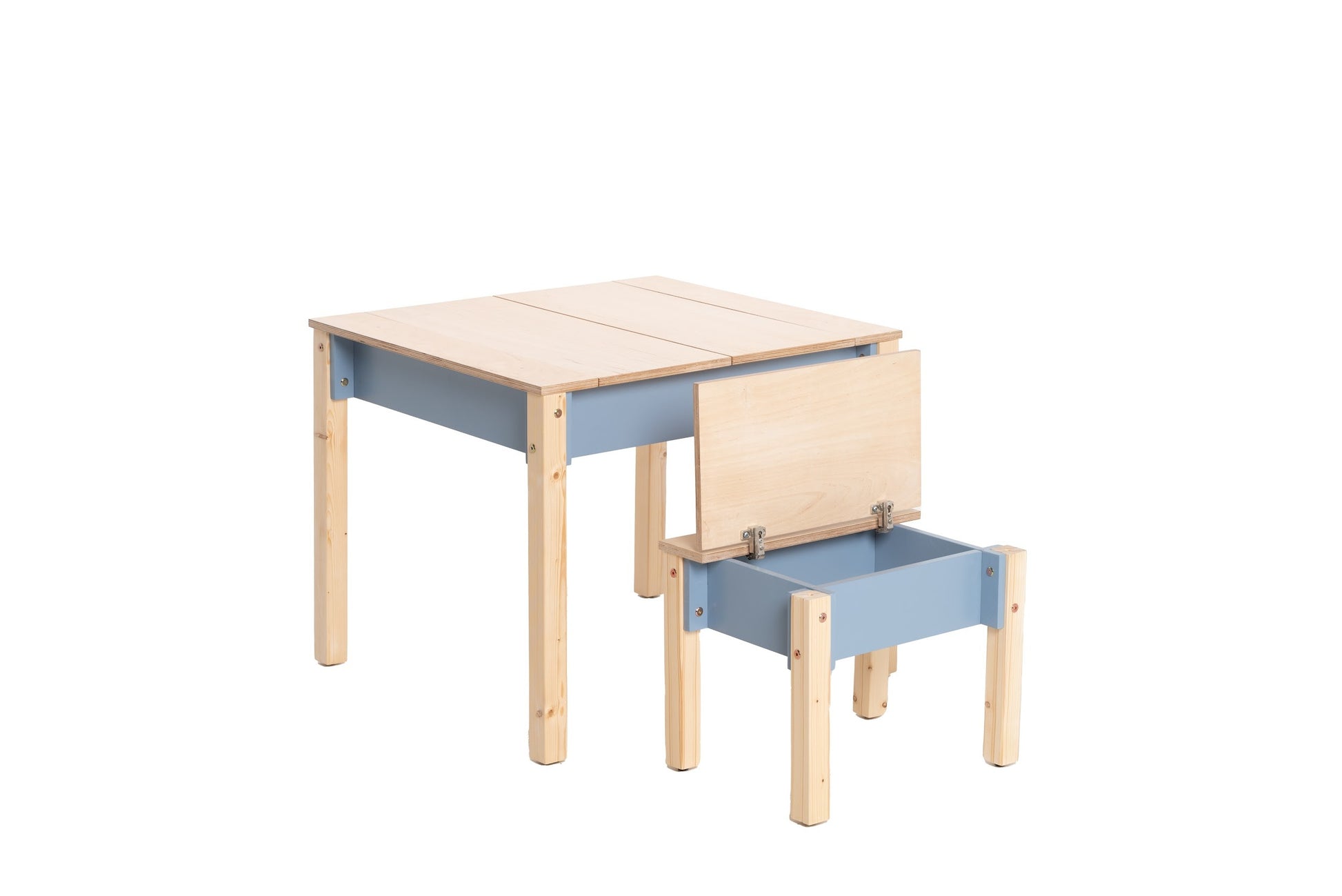 a child's compact birch plywood chair with a hidden storage compartment for toys