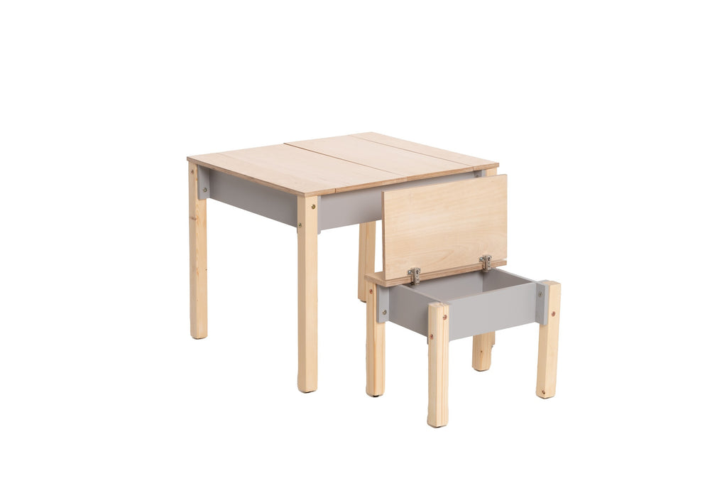 a child's compact birch table and chair set with storage, shown in a bright playroom corner
