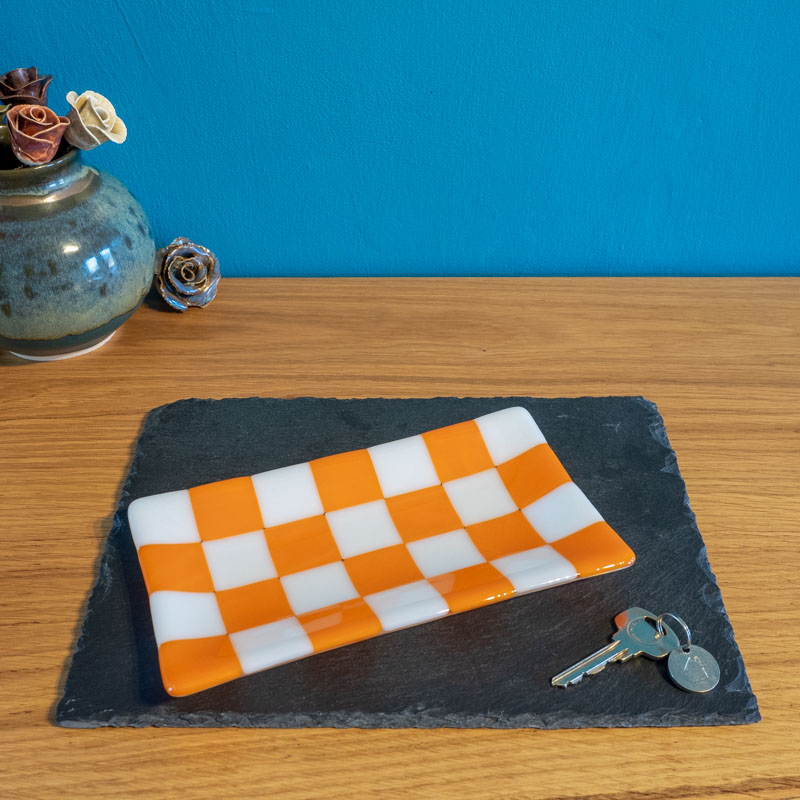 Chequered White and Colour Large Fused Glass Tray 21x12cm
