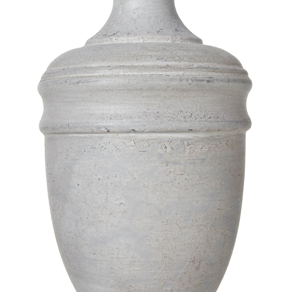 Weathered white Lentia Urn table lamp with grey linen shade, handcrafted wood base, 45cm height by Sostter at brixbailey.com
