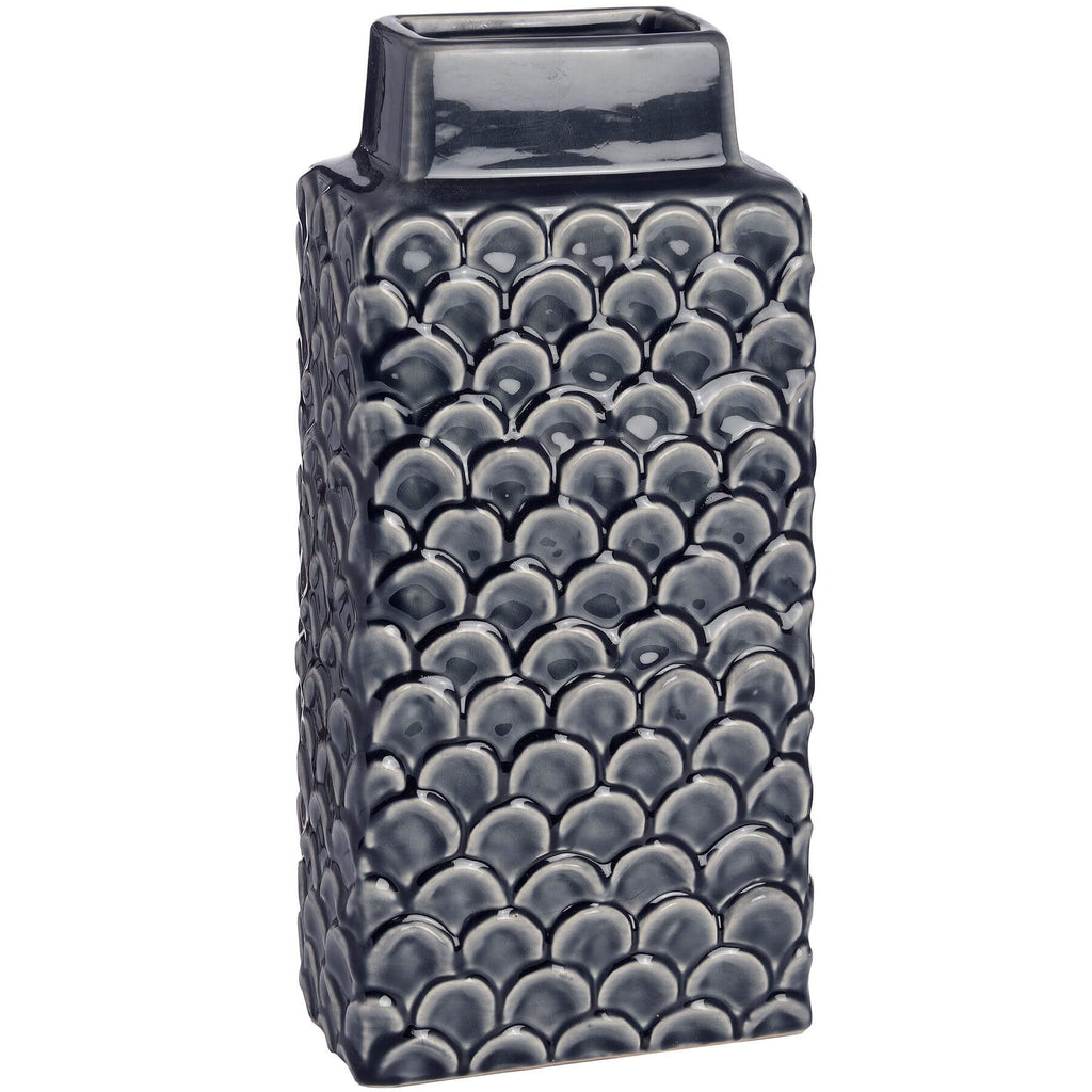 Handcrafted Mediterranean blue ceramic vase with intricate patterns, rectangular form, 32cm height, for home decor. by RoomLondon at brixbailey.com