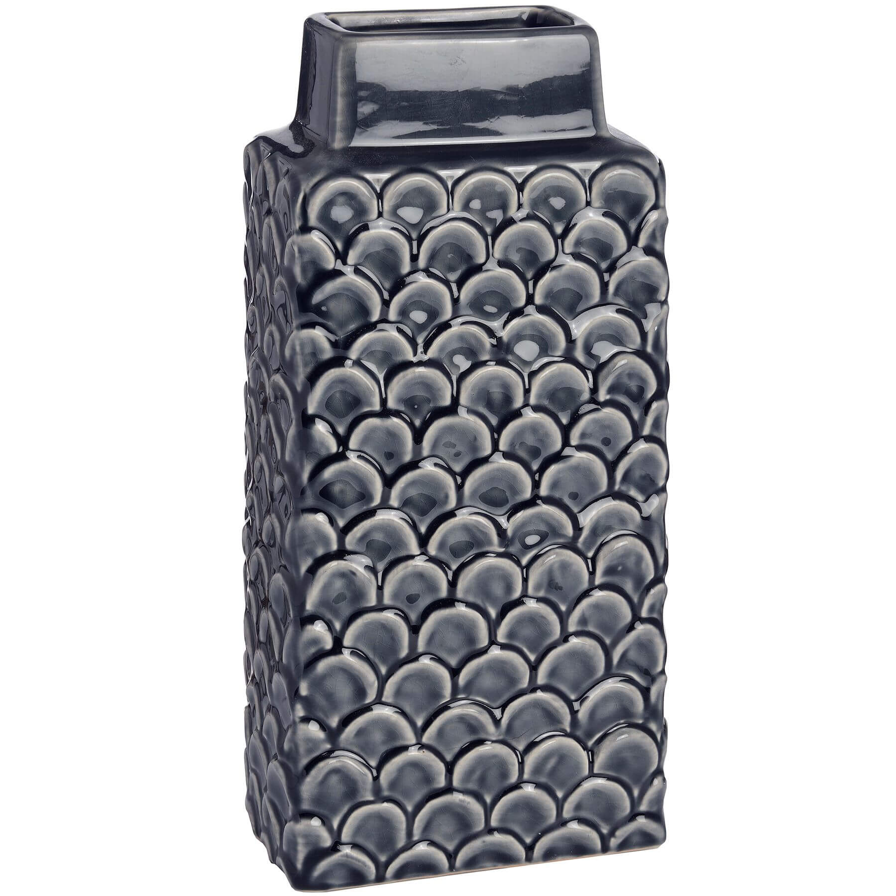 Handcrafted Mediterranean blue ceramic vase with intricate patterns, rectangular form, 32cm height, for home decor. by RoomLondon at brixbailey.com