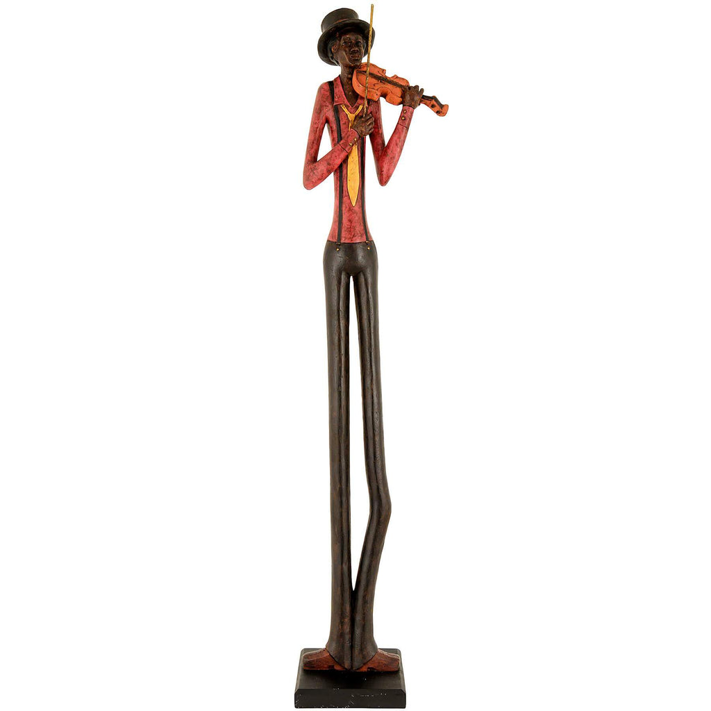 Wooden jazz violinist sculpture in mid-performance pose, wearing red jacket, handcrafted resin art deco decor, 60cm tall by sostter at brixbailey.com