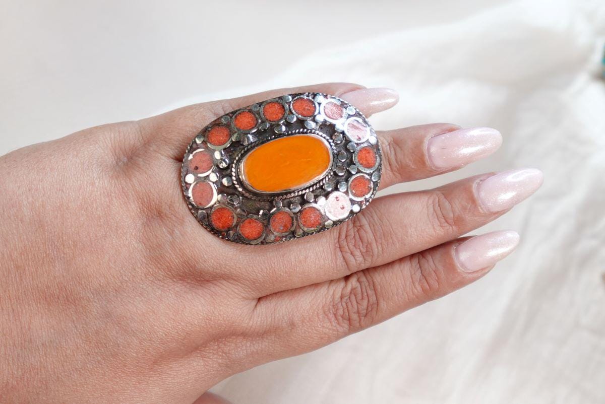 Large Adjustable Tibetan Silver Ring with Turquoise and Coral Inlay