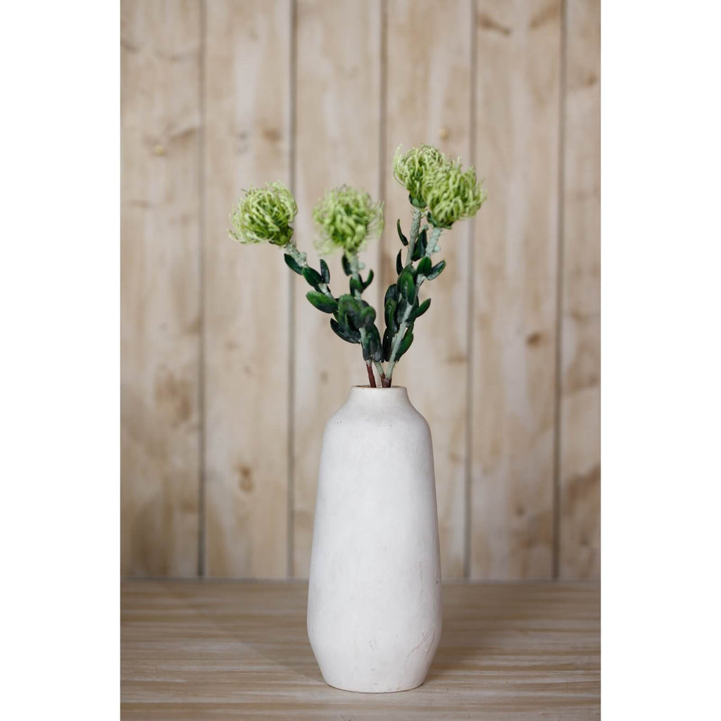 Lifelike pincushion protea spray with spherical blooms and lush green foliage, perfect for faux floral arrangements. by sostter at brixbailey.com