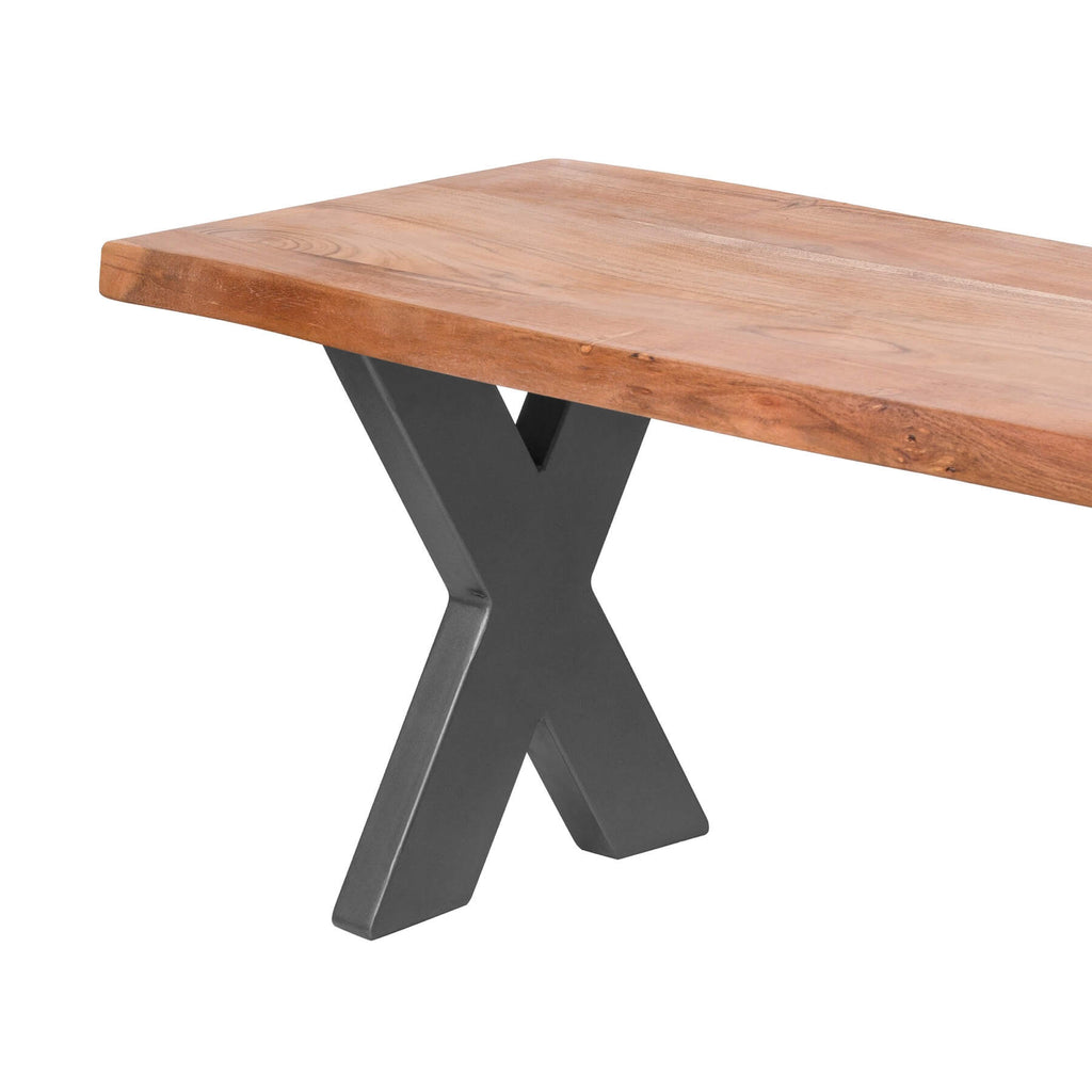 Handcrafted live edge acacia wood bench with natural grain and grey metal frame, rustic-modern design. by RoomLondon at brixbailey.com