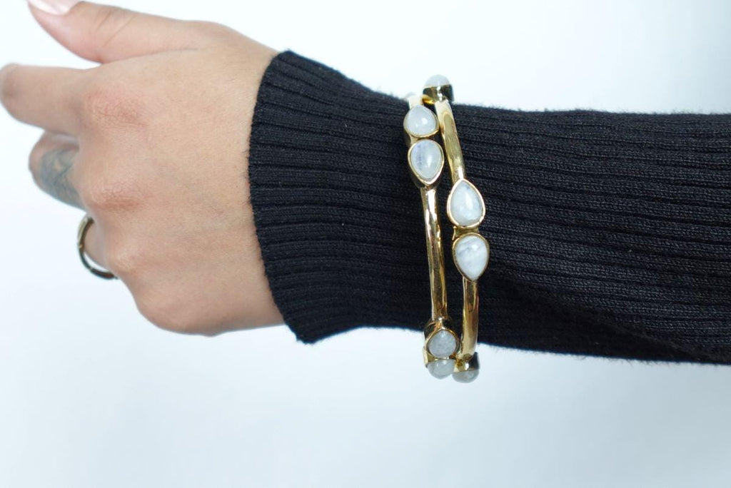 Teardrop Moonstone Brass Cuff in Gold Tone