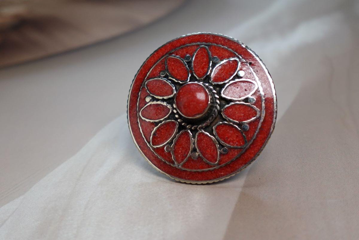 Boho Mandala Statement Ring in Turquoise, Coral and Lapis