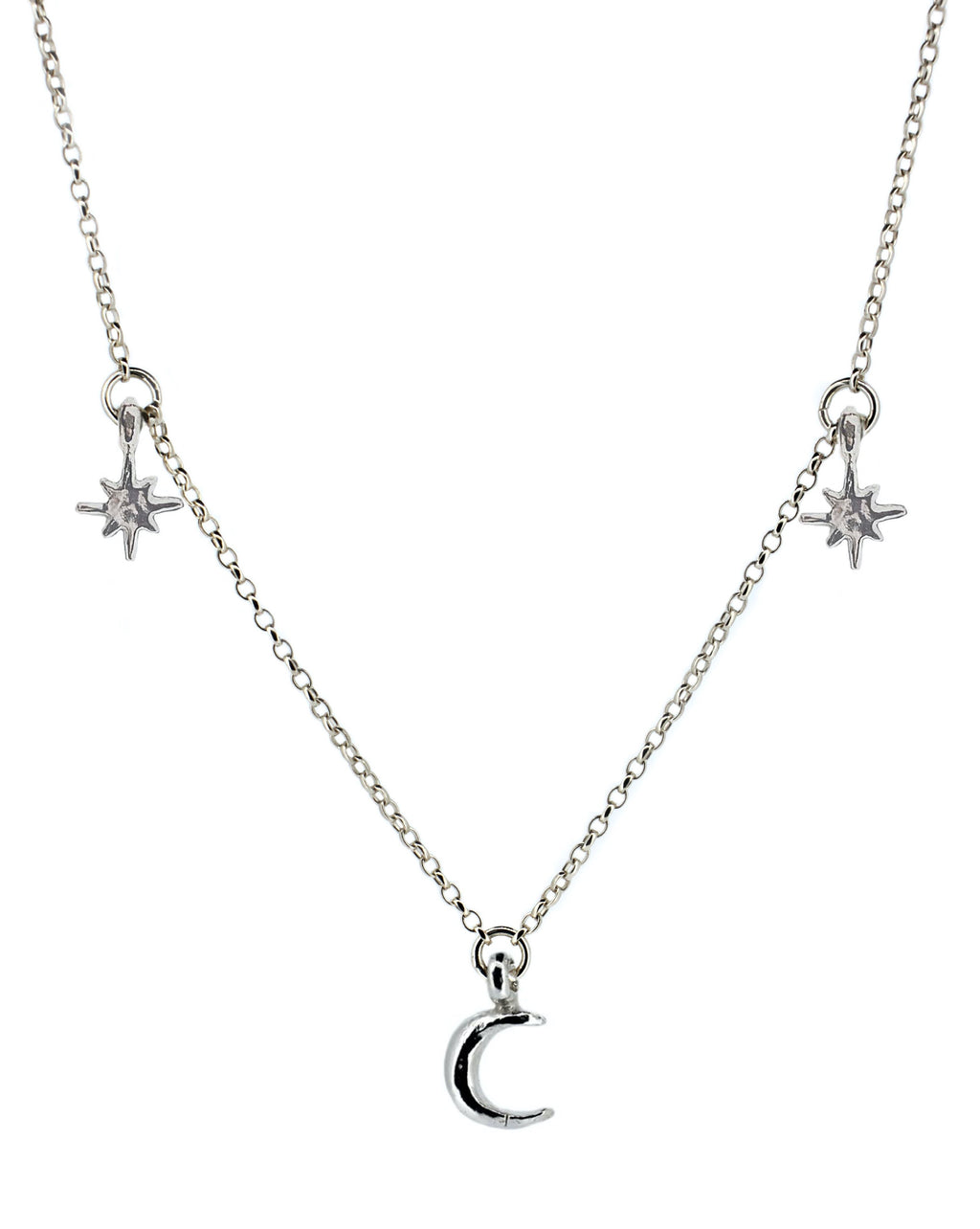 Crescent Moon with North Star Charm Necklace in Sterling Silver